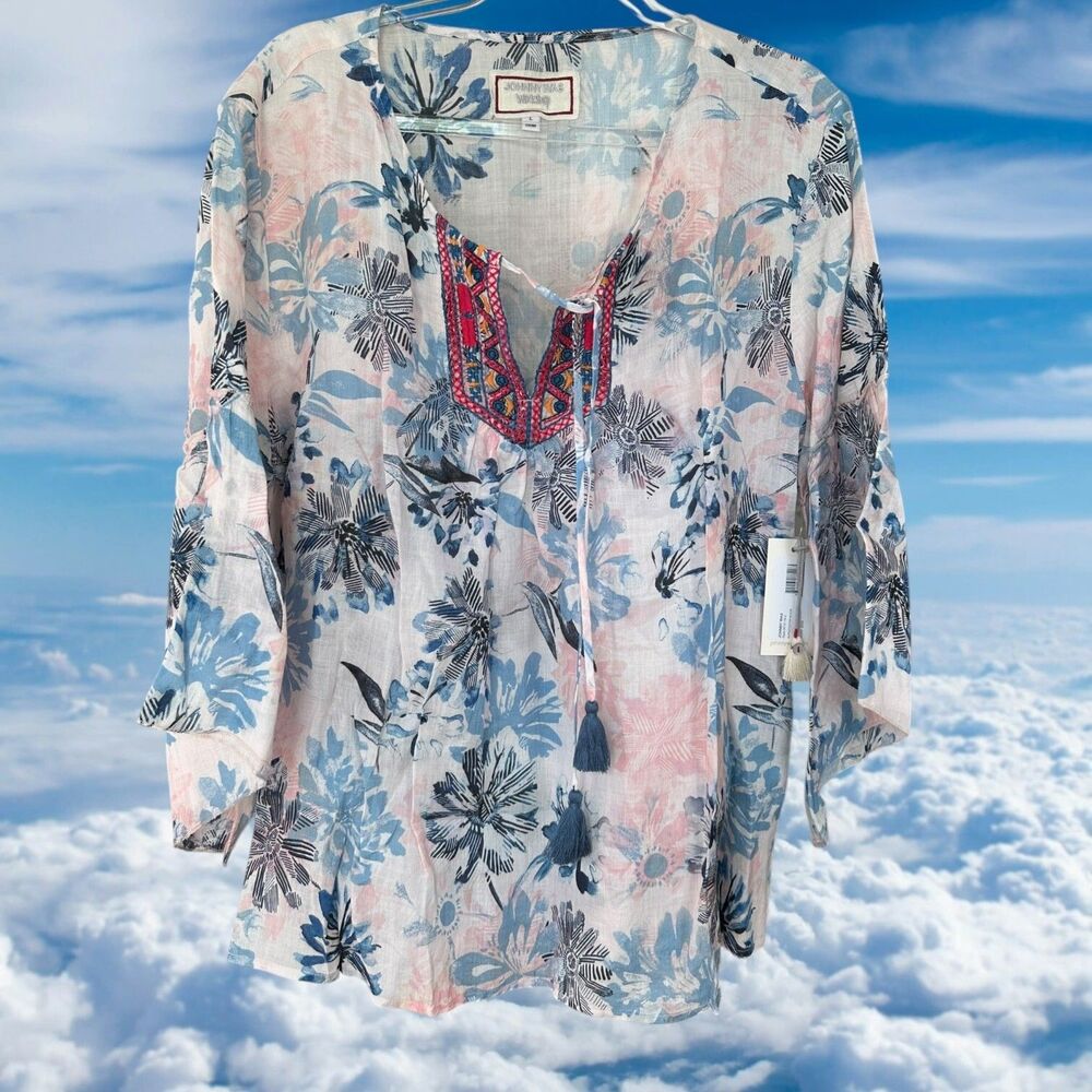 Johnny Was Workshop Size Large Top Blouse Ruffle Flutter Embroidered Tassle NEW
